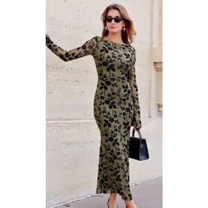 See You Monday Bodycon Velvet Burnout Midi Dress, Olive, XL Fairygrunge
